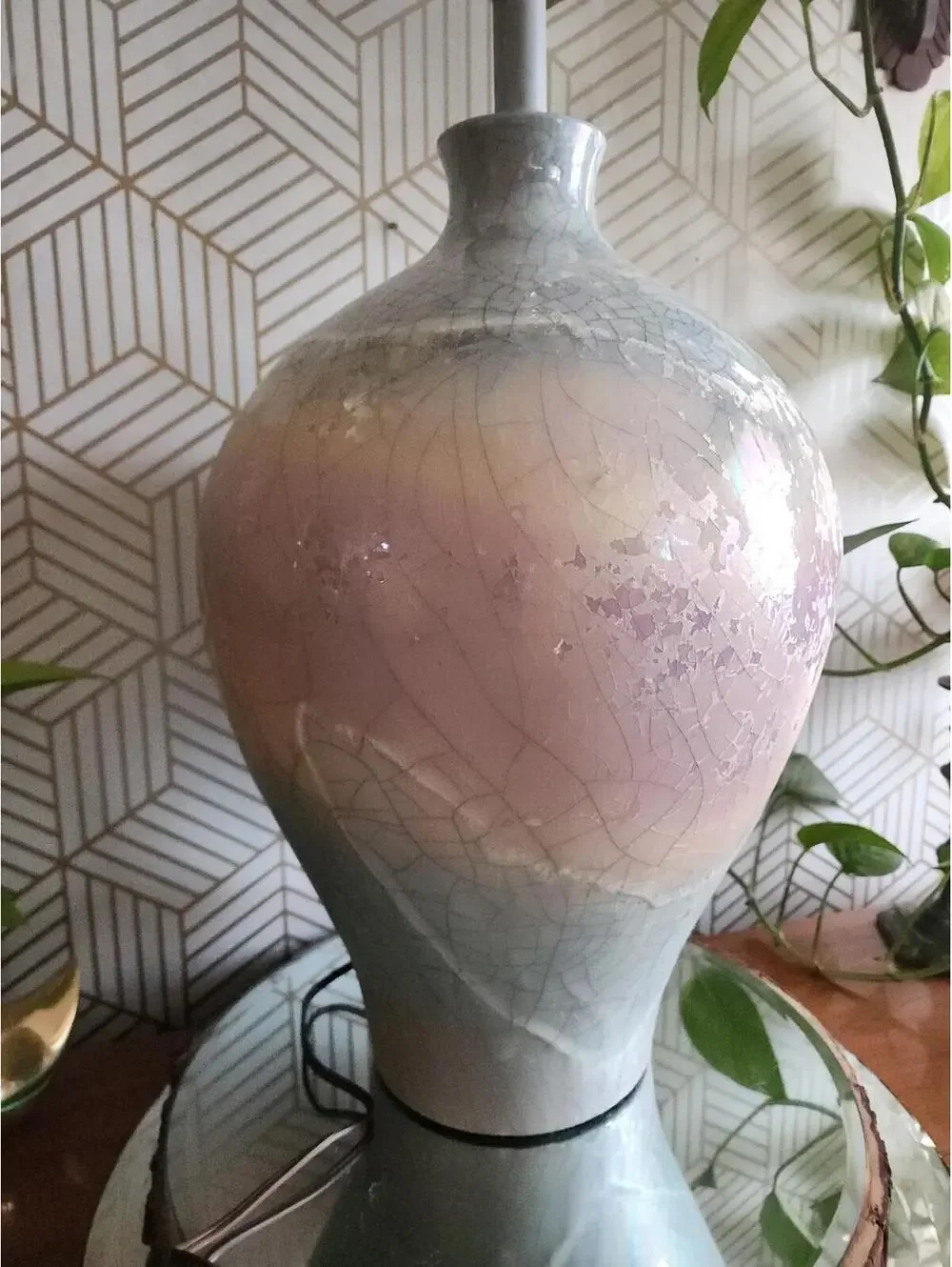 1980s Raku Glazed Ceramic Rainbow 3 way Table Lamp Made by Sunset Lamp Company